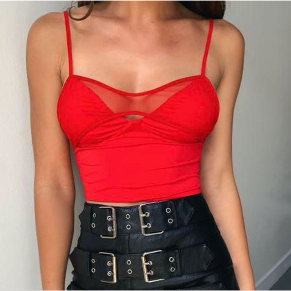 Tiger Mist Red Cropped Tank Top with Mesh Panel Detail